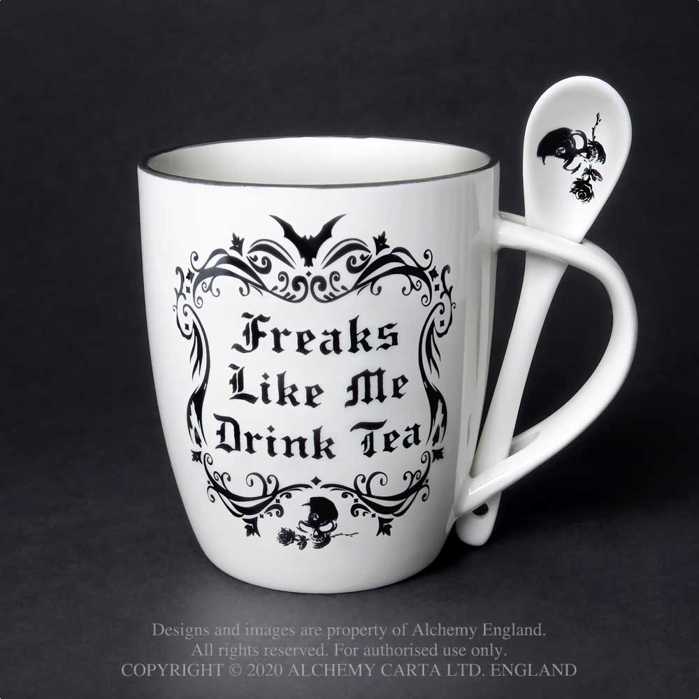 Alchemy - Freaks Like Me Drink Tea Ensemble tasse et cuillère - Blanc/Noir